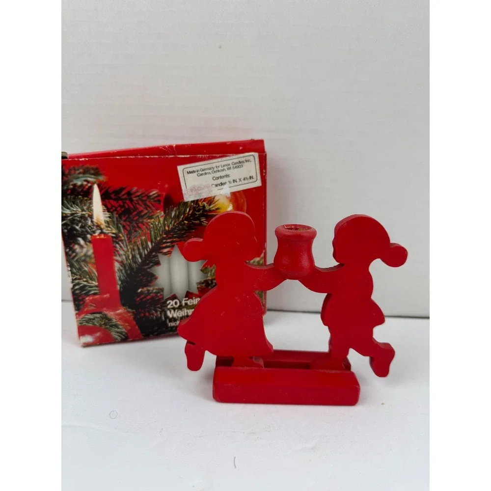 Vintage Swedish Wood Candle Holder Red Boy Girl Silhouette with Lenox Candles